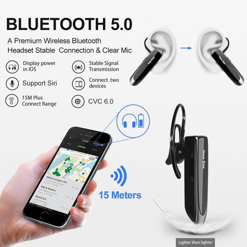 Nova abelha bluetooth v5.0 fone de ouvido sem fio hands-free fones de ouvido 22h música fone de ouvido com cvc6.0 mic para o negócio/condução